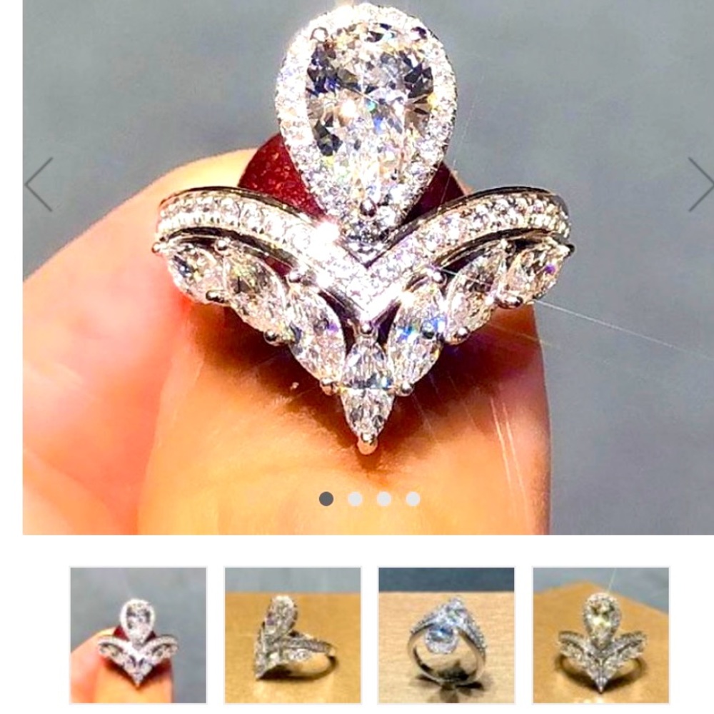 Joancee white sapphire sterling silver pear stone chevron engagement ring